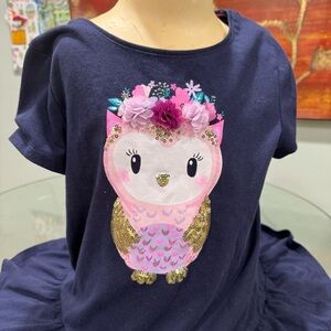GUC Size 10 /12 Cynthia Rowley Navy Blue Owl Sequin 3D Flower Graphic Shirt Top